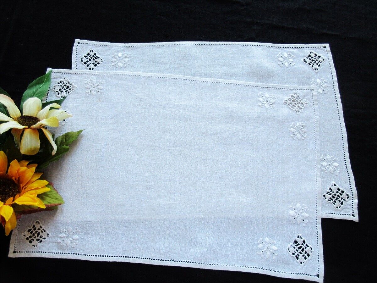 TWO Antique Italian Tray Cloths / Placemats Punto Antico Hand-Embroidery & Lace Handmade