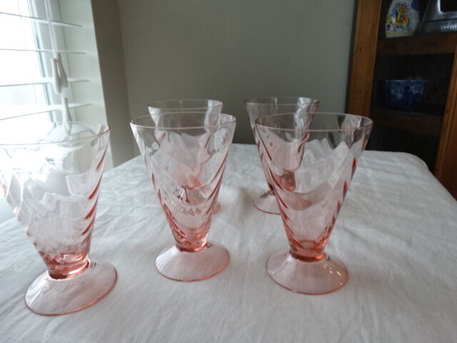 Vintage Set of 4 Morgantown Glass Pink Festoon/Drape Optic 10 oz Footed Tumblers Morgantown N/A