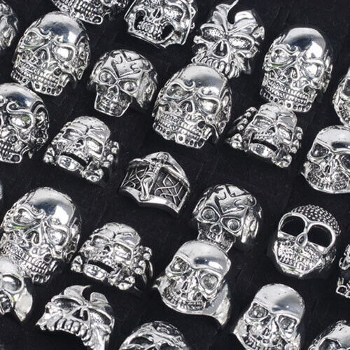 15pcs Wholesale Big Gothic Punk Skull Antique Silver Rings Mixed Style Jewelry Unbranded - фотография #4