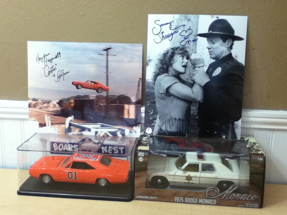 2 SIGNED AUTOGRAPHS - Dukes of Hazzard 1/25 1/24 General Lee Sheriff Diecast LOT ERTL Dodge Charger R/T