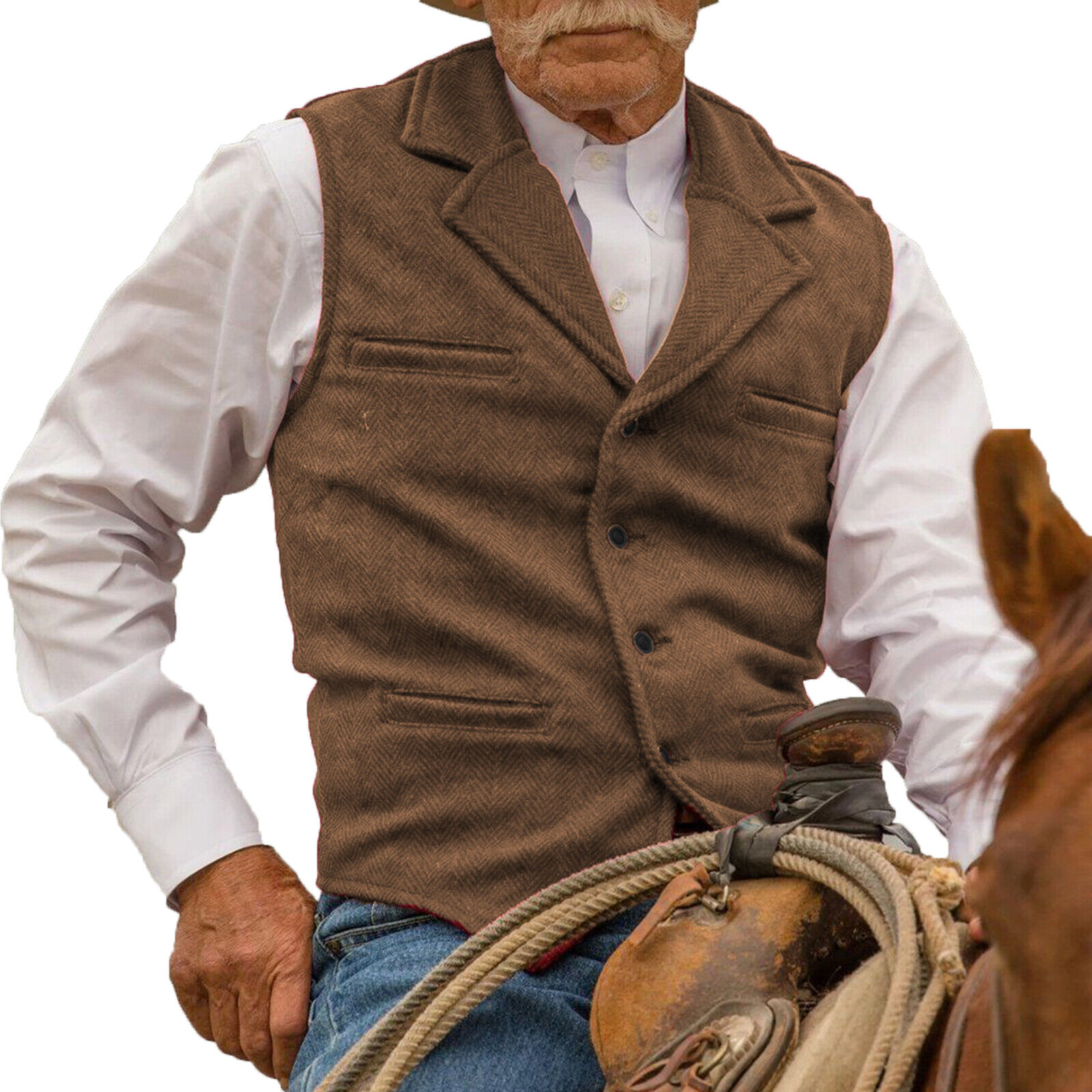 Aged Mens Vests Vintage Wesern Cowboy Mens Tweed Herringbone Vest M Large XL XXL Unbranded - фотография #6