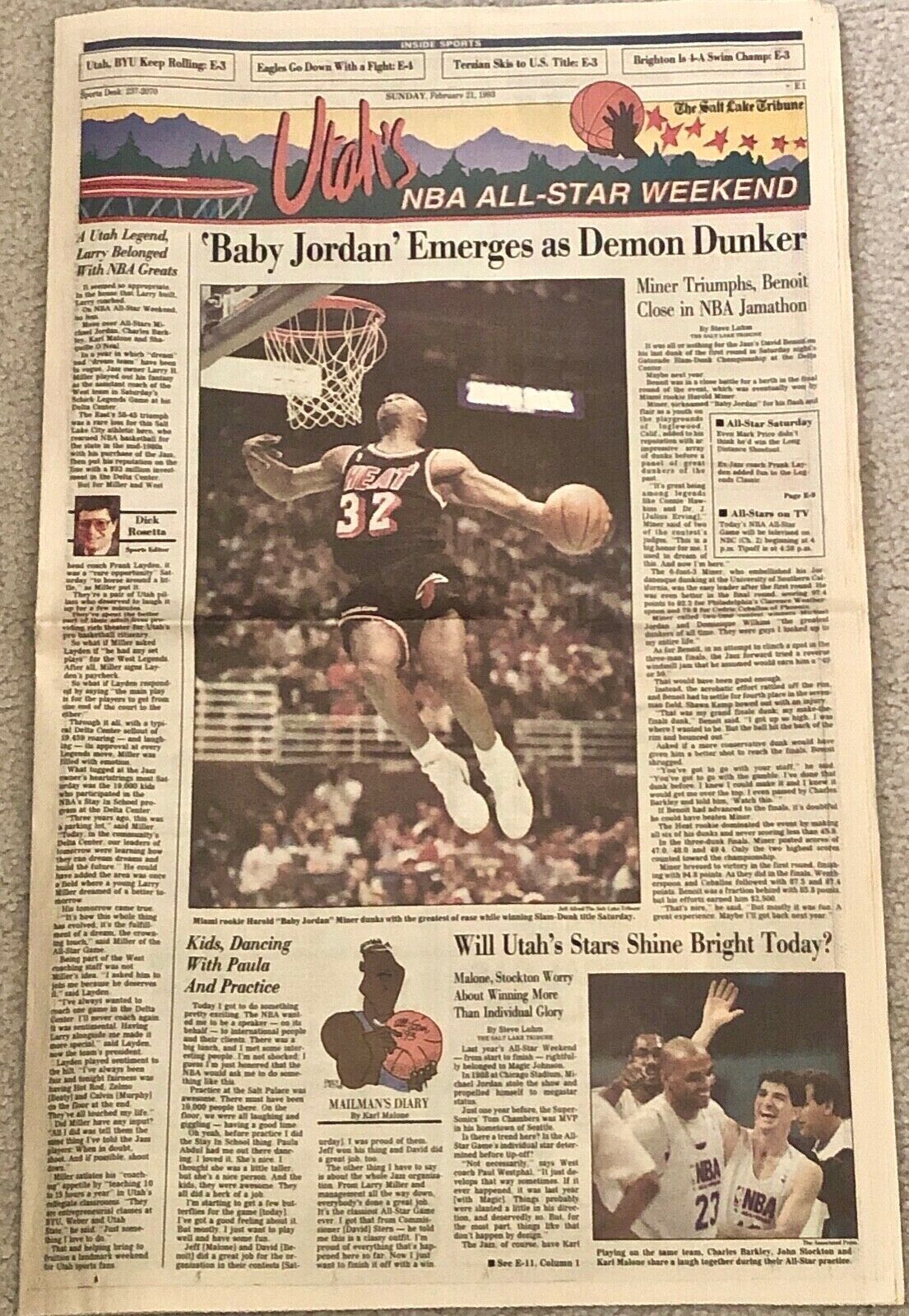 HAROLD MINER "BABY JORDAN" WINS 1993 NBA SLAM DUNK TITLE- UTAH NEWSPAPERS (2) Deseret News + Salt Lake Tribune - фотография #8