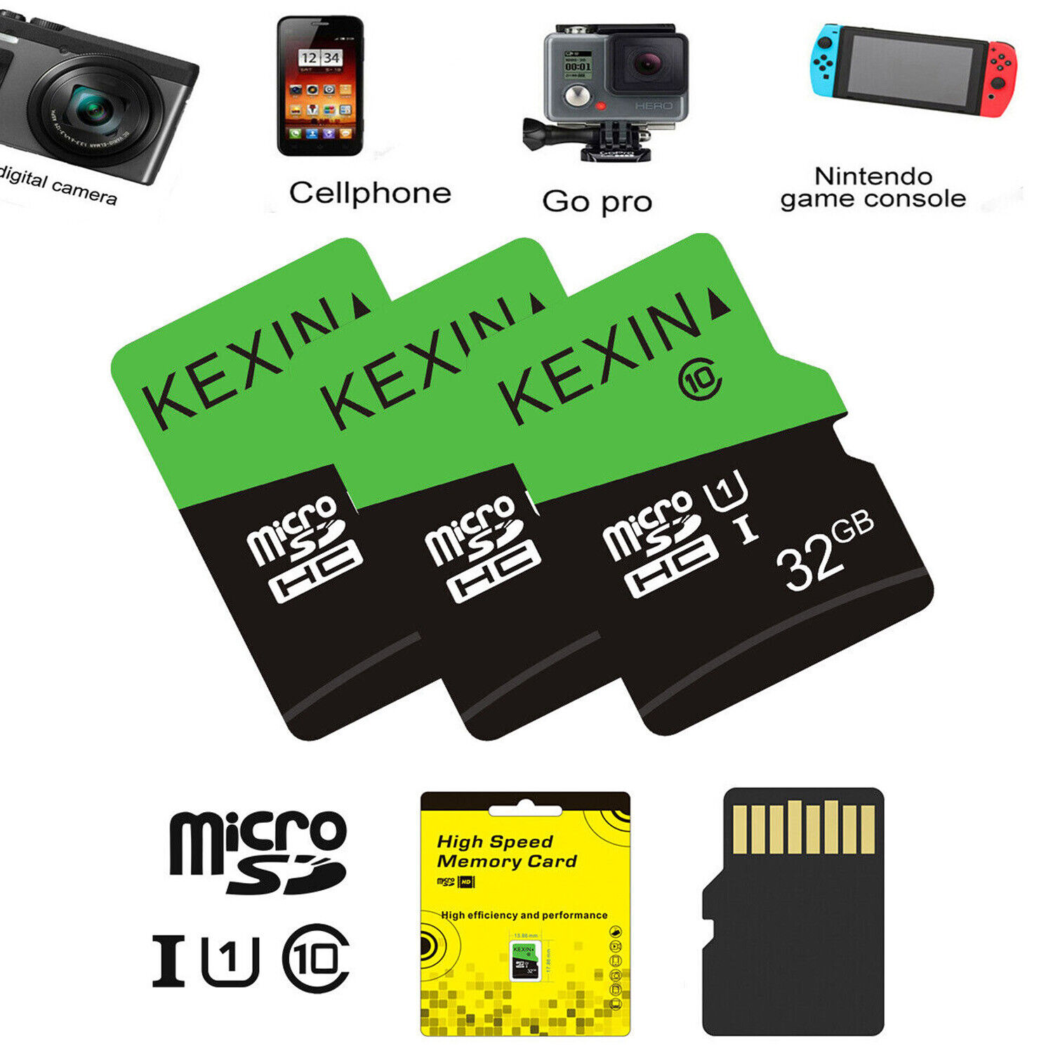 3Pack 32GB Micro SD TF Card SDHC Class 10 Flash Memory Card For Phone Camera Kexin