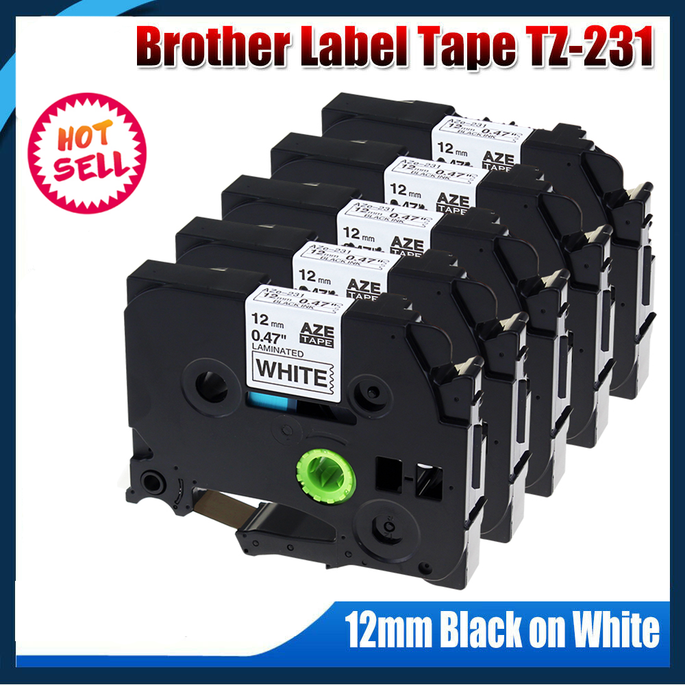 5 PK Brother P-Touch TZe-231 TZ-231 12mm Black on White Standard Laminated Tape Greateam Brother TZ231
