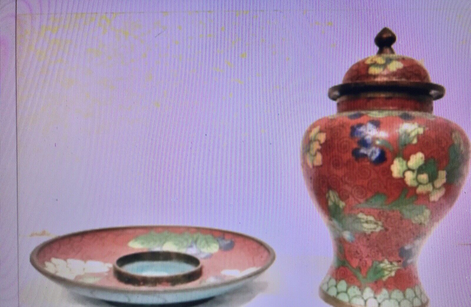 Vintage Cloisonne Chinese SET Small Urn Matching Dish Collectible 2pc Dark Red Без бренда - фотография #6