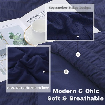 HAOWANER 3 Pieces Seersucker King Comforter Set with Pillows, Navy King Comfo... HAOWANER Haowaner Navy King - фотография #6