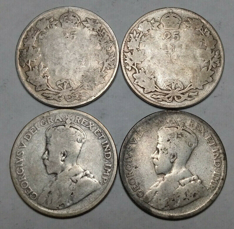 Lot of 2x Canada 25 Cents King George V Canadian Silver Quarters Worn Dates Без бренда - фотография #2