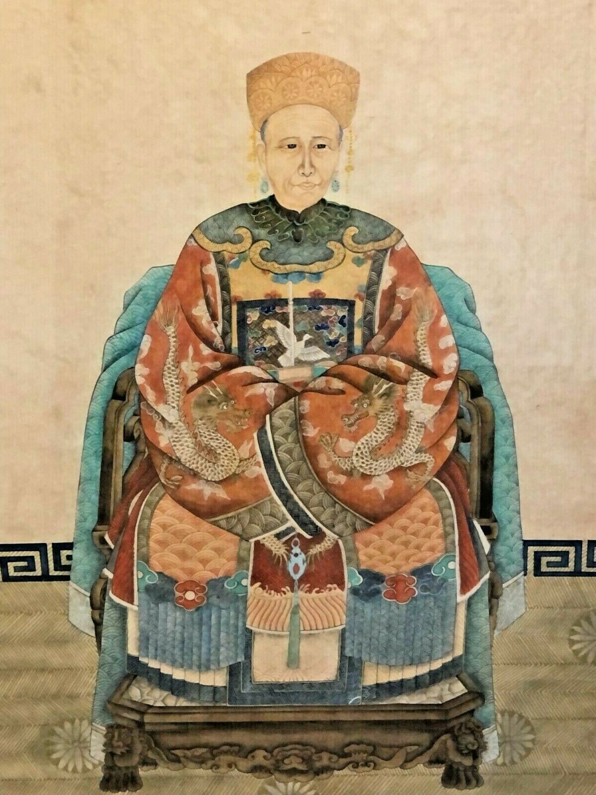 Matched Pair Chinese Ancestor Portraits Large 48"x32" Qing Dynasty 4 Claw Dragon Без бренда - фотография #3