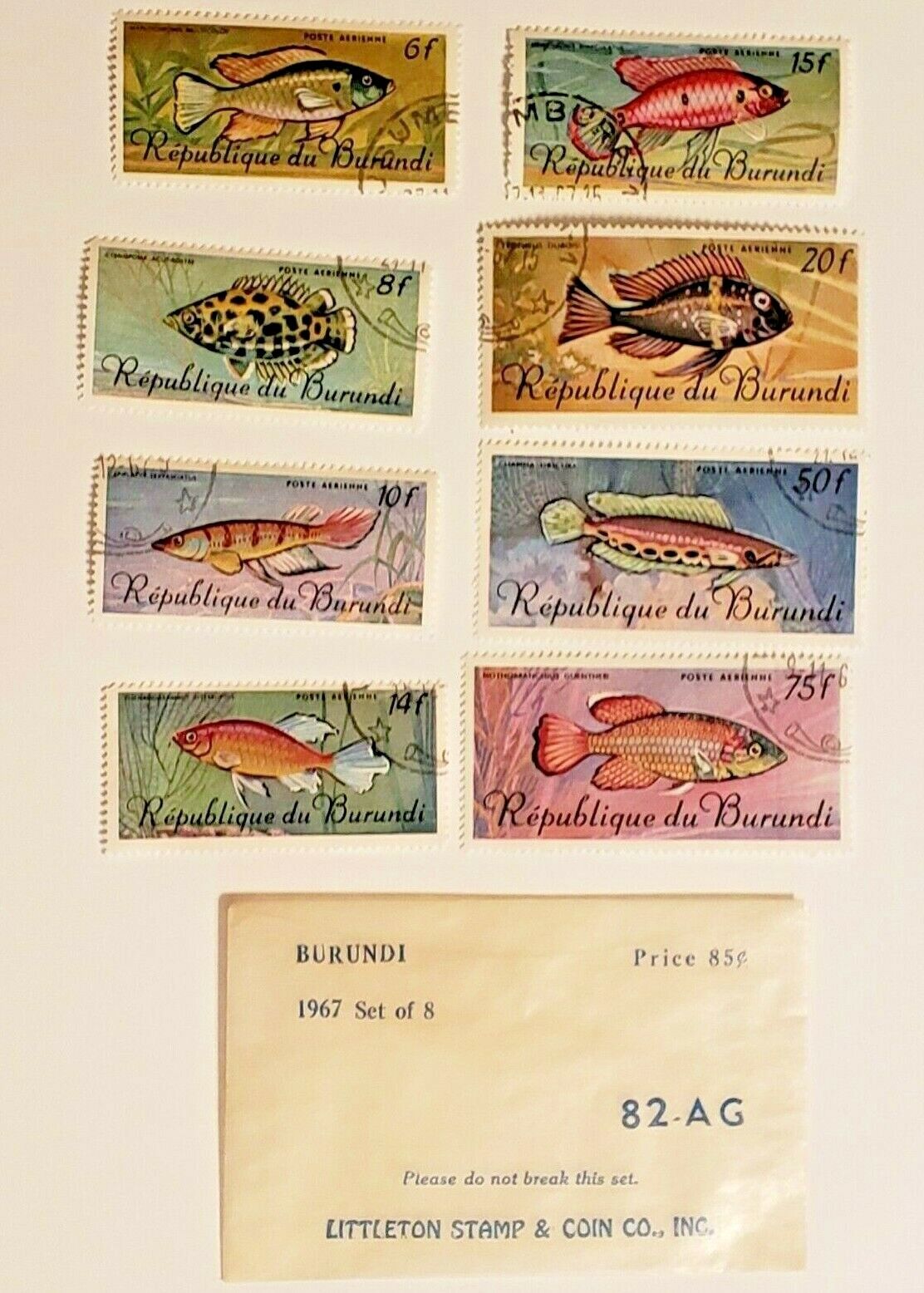 1967 Burundi Set of (8) Tropical Fauna Fish Stamps + Original Littleton Envelope Без бренда