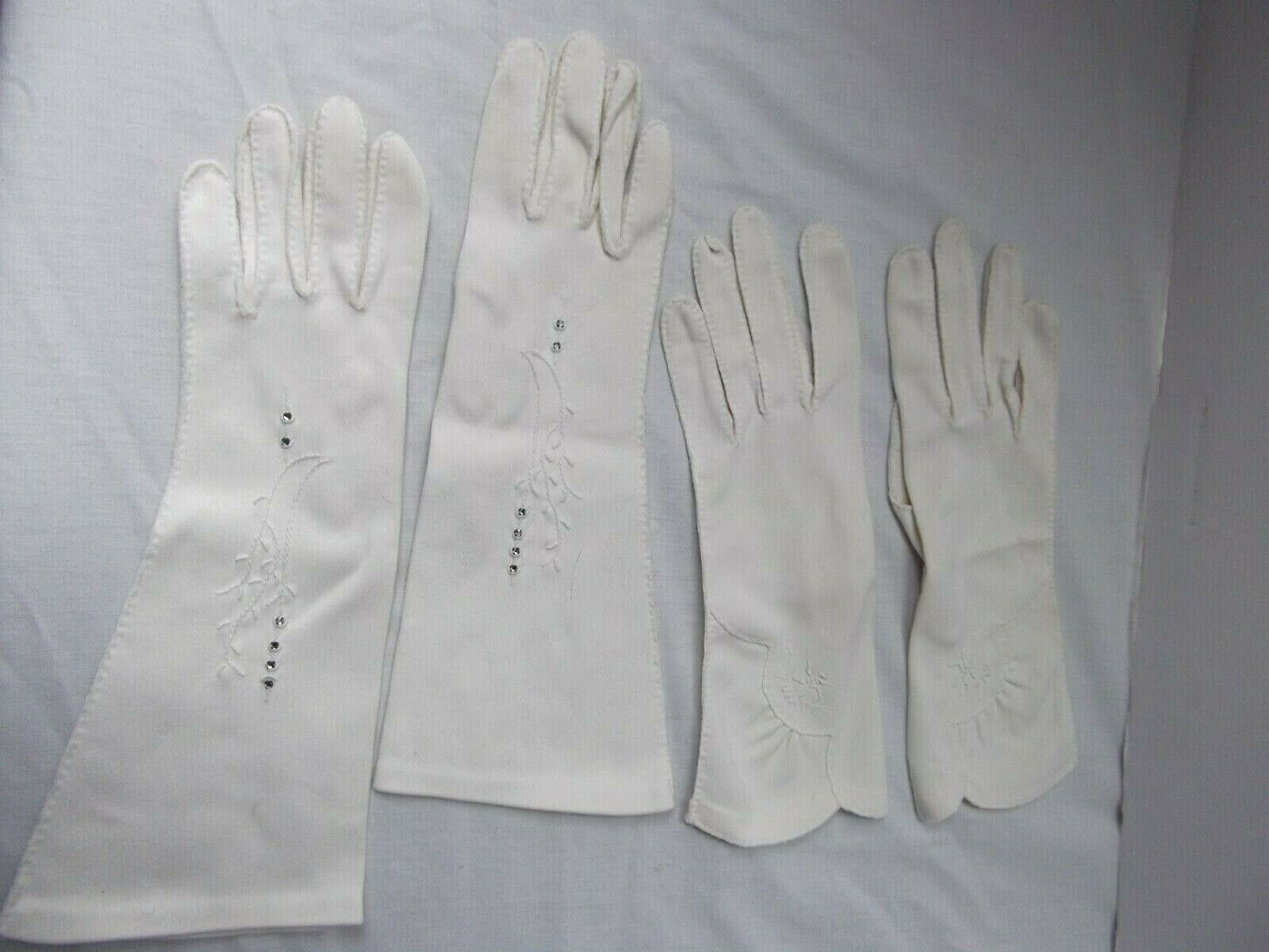 vtg lot 2 pr 6.5 ecru nylon cotton wrist 3/4 glove embroid rhinestone hand sewn Unbranded