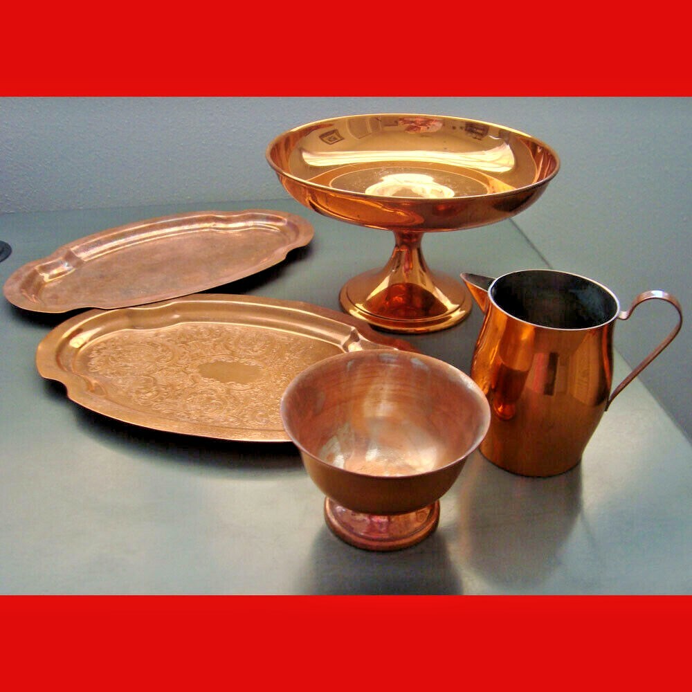 1960s 5 Piece Copper Lot RoseMar Creamer Sugar Bowl 2 Trays Footed Dessert Dish Без бренда