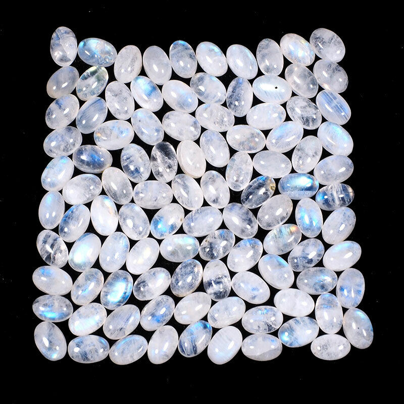 100 Pcs Natural Moonstone Blue Shines 6mm*4mm Oval Loose Cabochon Gemstones Lot Selene Gems