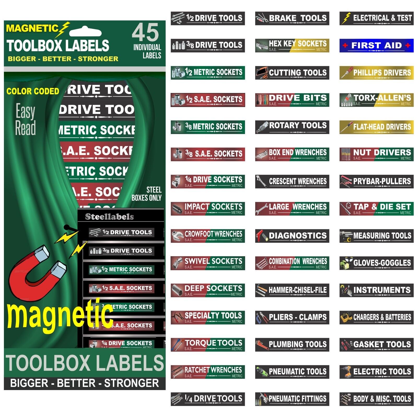 Ultimate Magnetic TOOLBOX LABELS fits all steel boxes tool chest & cabinets  SteelLabels.com UMAGG001