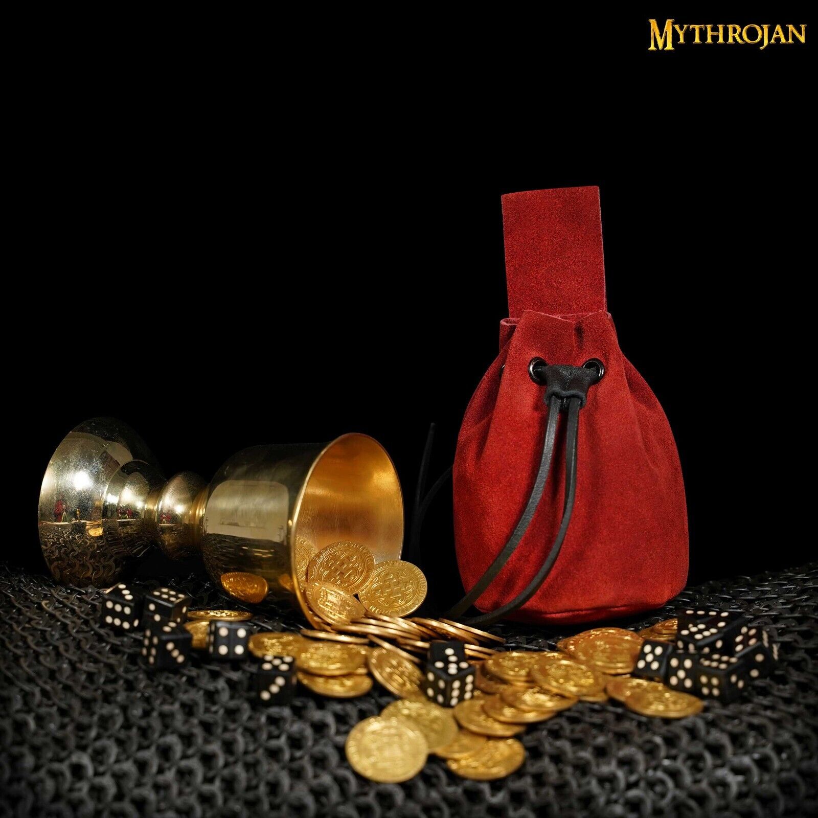 Medieval Leather Pouch Renaissance Larp Mini Bag Drawstring Closure Red Suede Mythrojan 300755RD - фотография #3