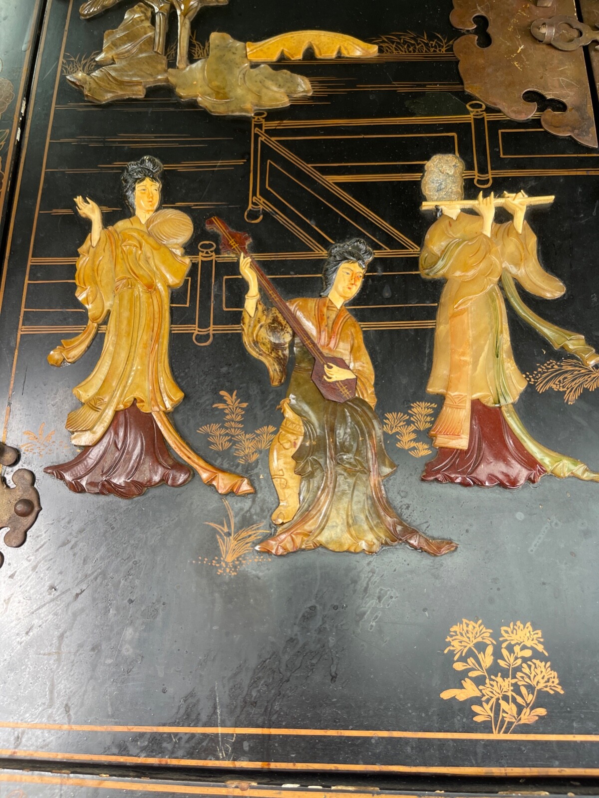 30" Antique 3D Oriental Chinese Furniture Black Lacquer Corner Cabinet Landscape Без бренда - фотография #9