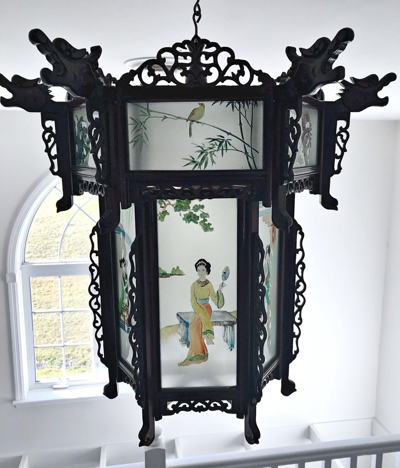 Rare Antique Chinese Zitan Hardwood Reverse Painted Glass Paneled Carved Lantern Без бренда - фотография #2