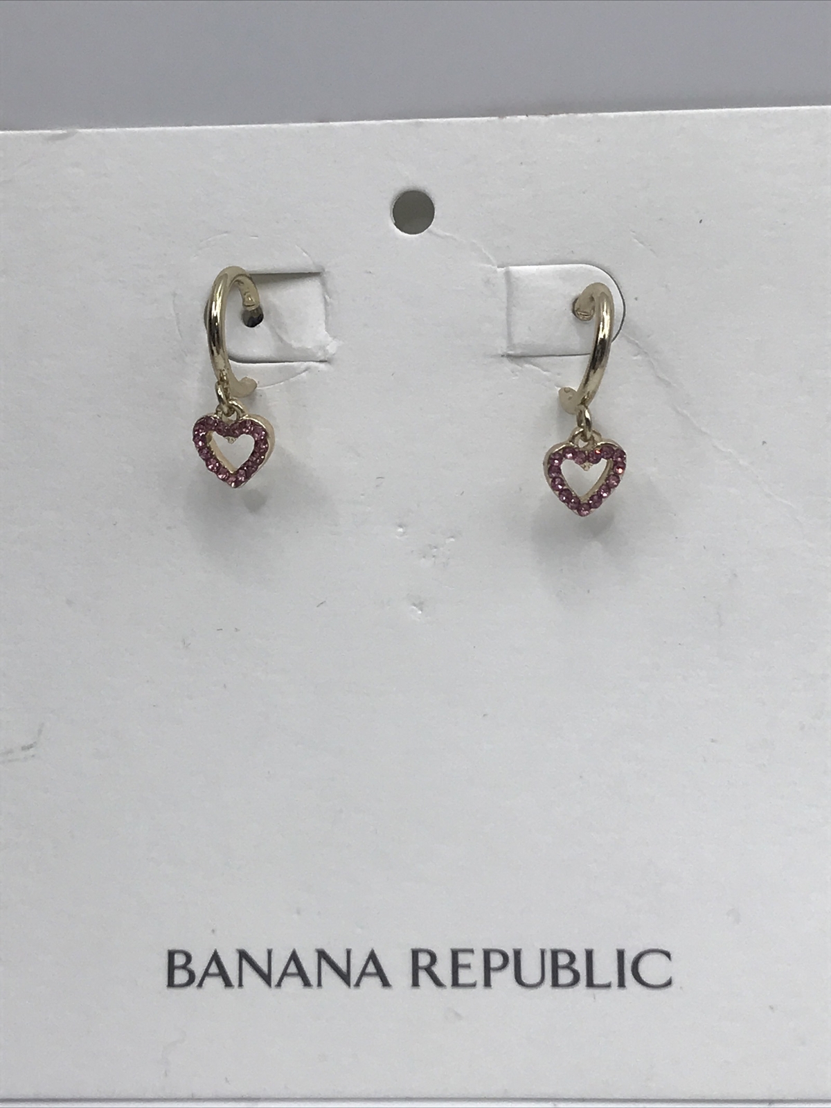 BANANA REPUBLIC Huggie Heart Gold Tone Pink Crystals EARRINGS NWT Banana Republic