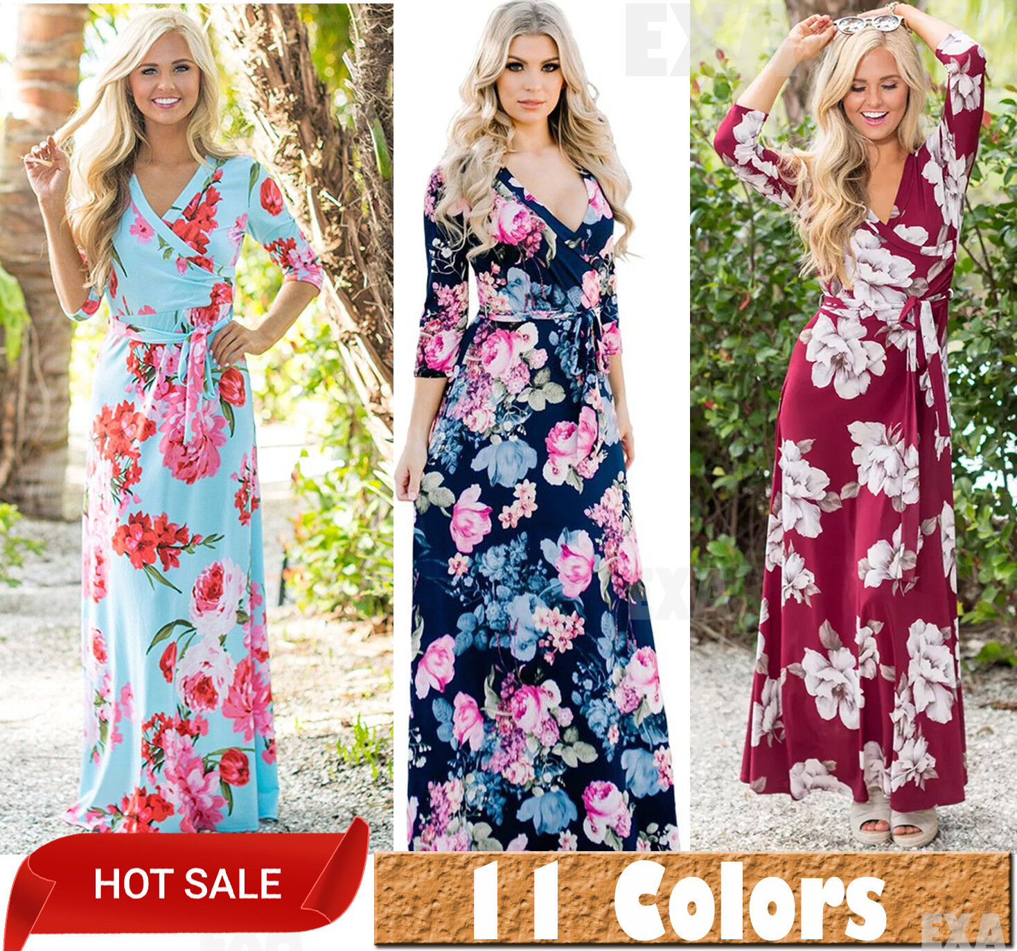 Womens Sexy Summer Floral Faux Wrap Long Dress Deep V Neck Print Maxi with Belt Exa