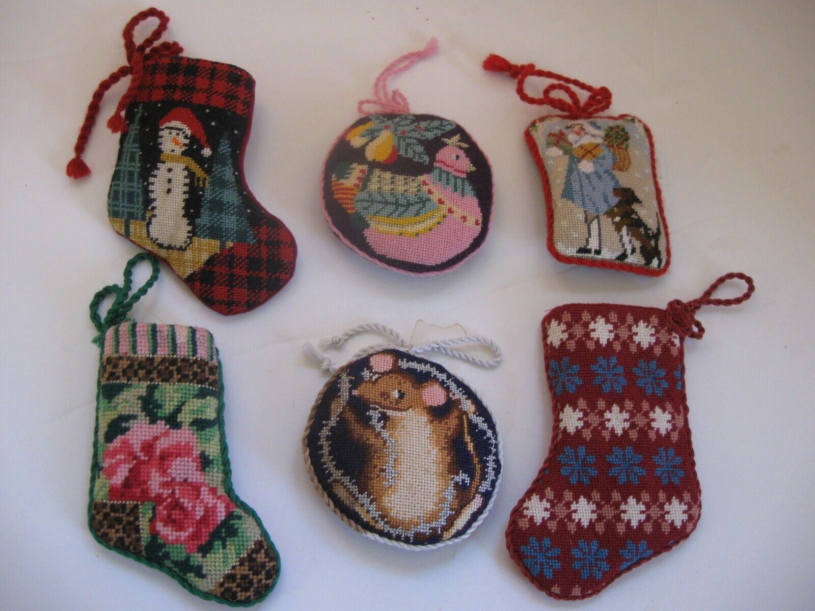 Lot of Six Needle Point Christmas Ornaments Hand Made New Vintage Handmade