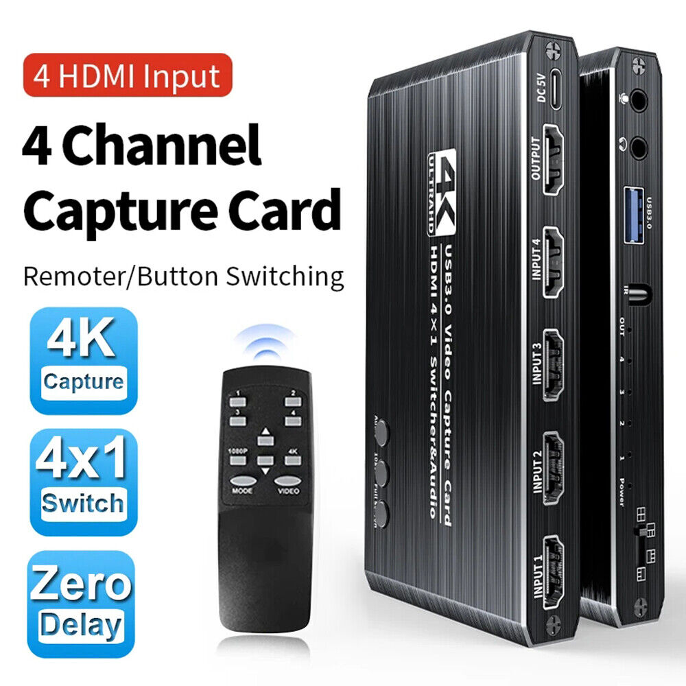 4 Port 4K Video Capture Card Audio USB 3.0 HDMI-compatible 4X1 Switcher Remote Unbranded