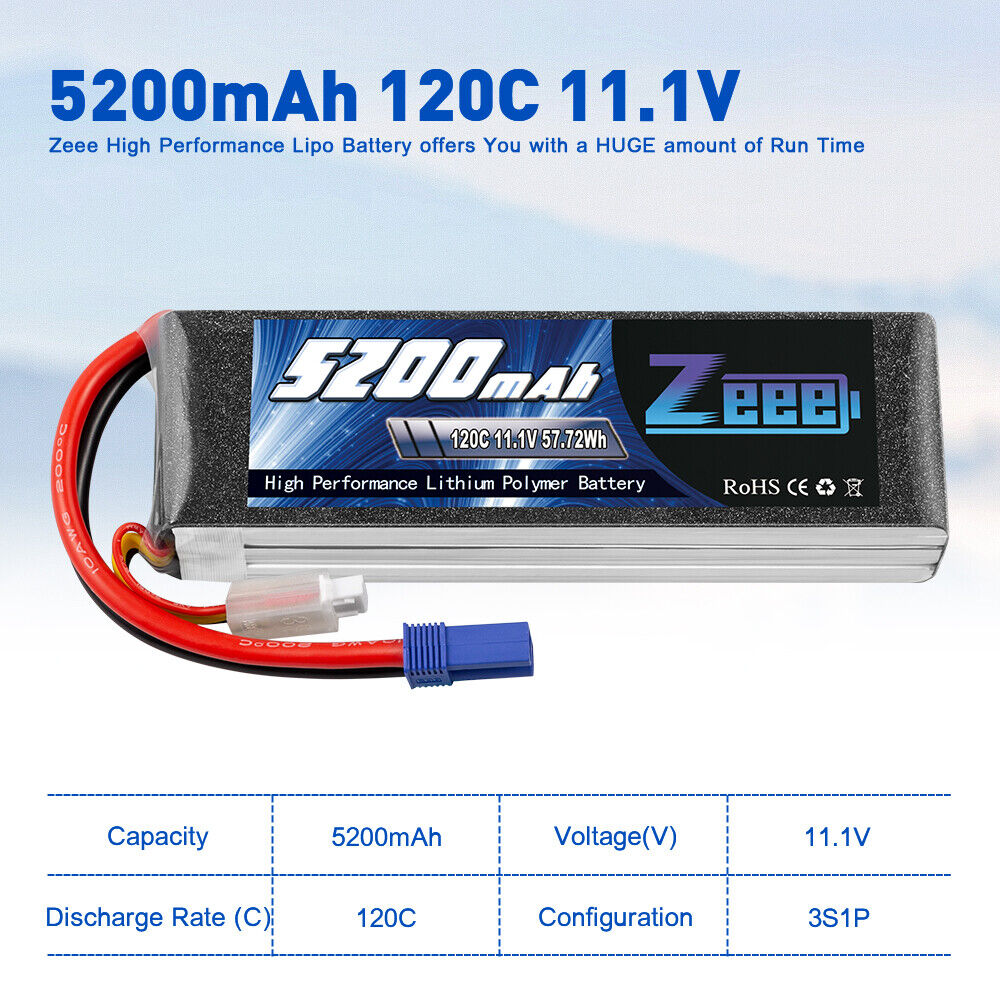 2PCS Zeee 11.1V 120C 5200mAh EC5 3S LiPo Battery for RC Car Helicopter Airplane ZEEE NOT SPECIFIED - фотография #3