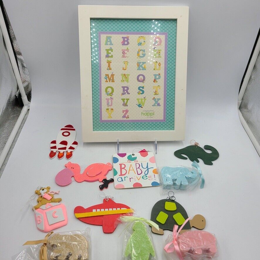 ABC Baby Gift Set Frame Animal Soaps Teddy Bear Ornament Calendar Sign Lot 12 Cupcakes and Cartwheels