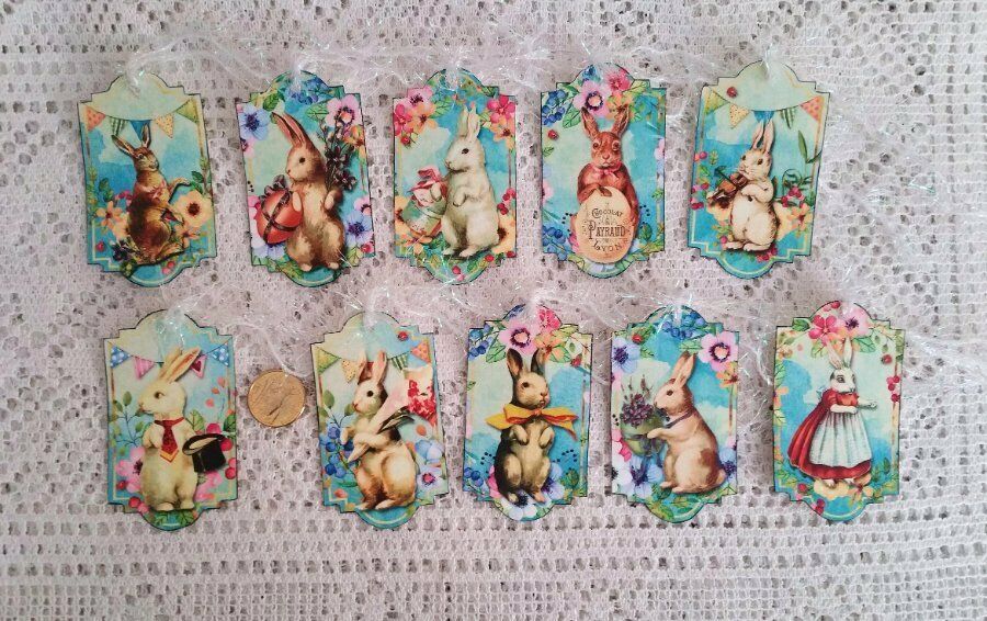 10~Easter~Vintage~Victorian~Bunny~Rabbit~Linen Cardstock~Gift~Hang~Tags Без бренда