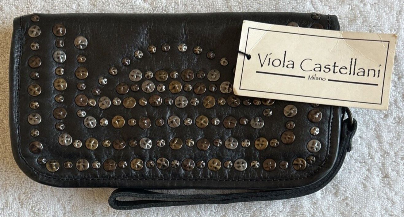 VIOLA CASTELLANI Made Florence Italy Black Leather Stud Zip Wallet Wristlet NERO Viola Castellani Studded