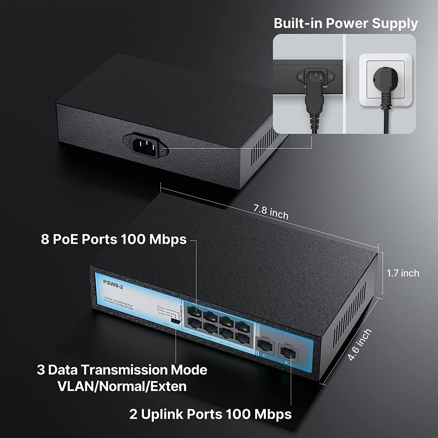 8 Port PoE+ Switch w/ additional 2 Uplink, Max Output 96W, 803.af/at, Fanless Unbranded 8 Port POE Switch - фотография #2