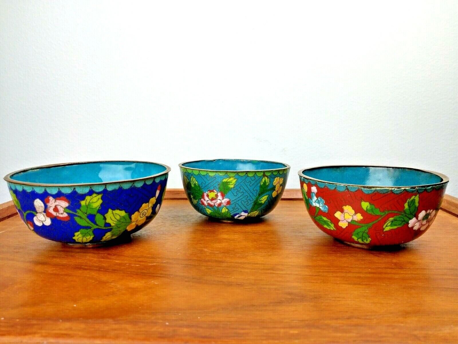ANTIQUE CLOISONNE ENAMEL BOWL ASIAN FLOWER CHINESE DISH CHINA LOT OF 3  Без бренда