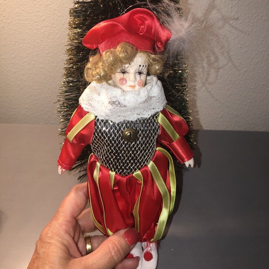 Vintage Porcelain Doll Christmas Ornaments Set  8"-9" Red Pierrot Clown + Girl  Unknown does not apply - фотография #5
