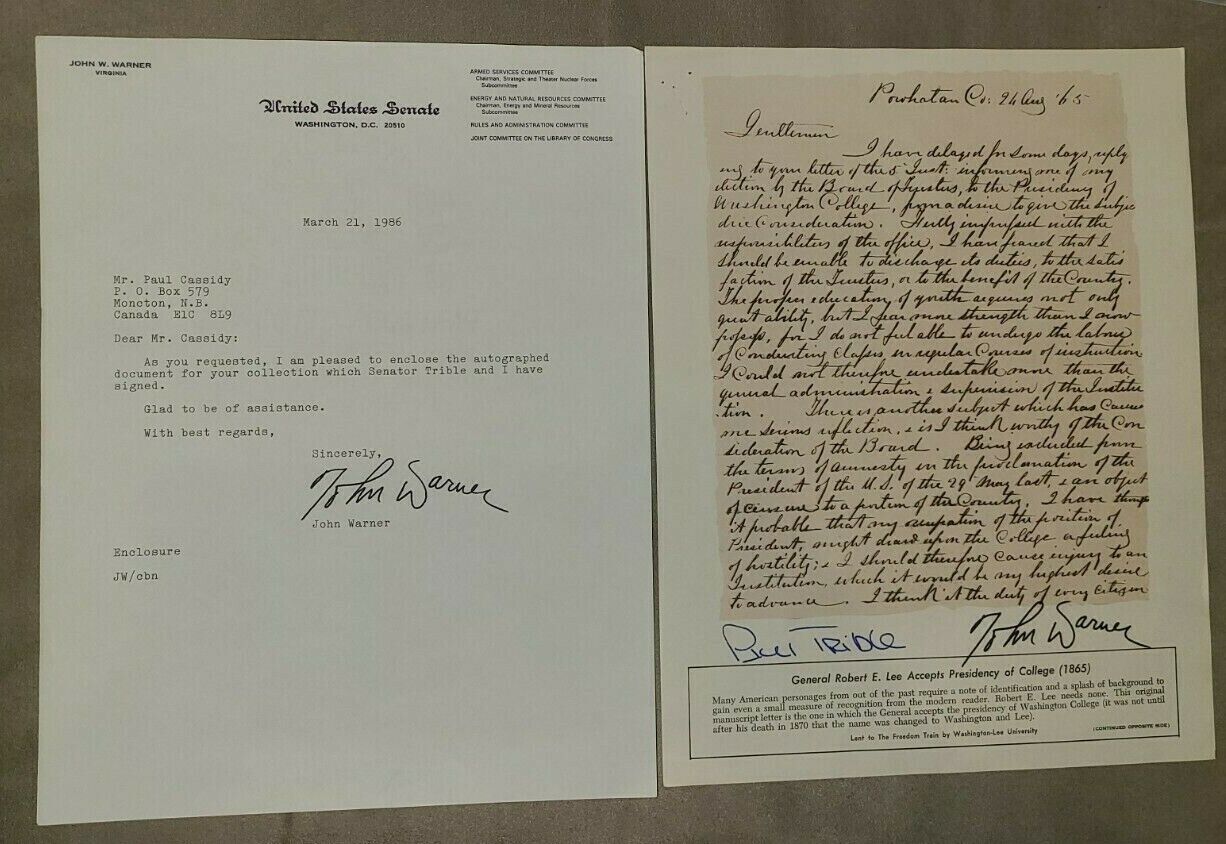 2 Senator Signed Autographs - John Warner + Paul Trible (VA) signed enclosure Без бренда