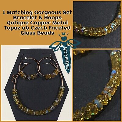 Bracelet & Hoop Earring Set Simple Jewelry AC Wire & Czech Topaz Glass Beads💛1 MrsQueenBeead