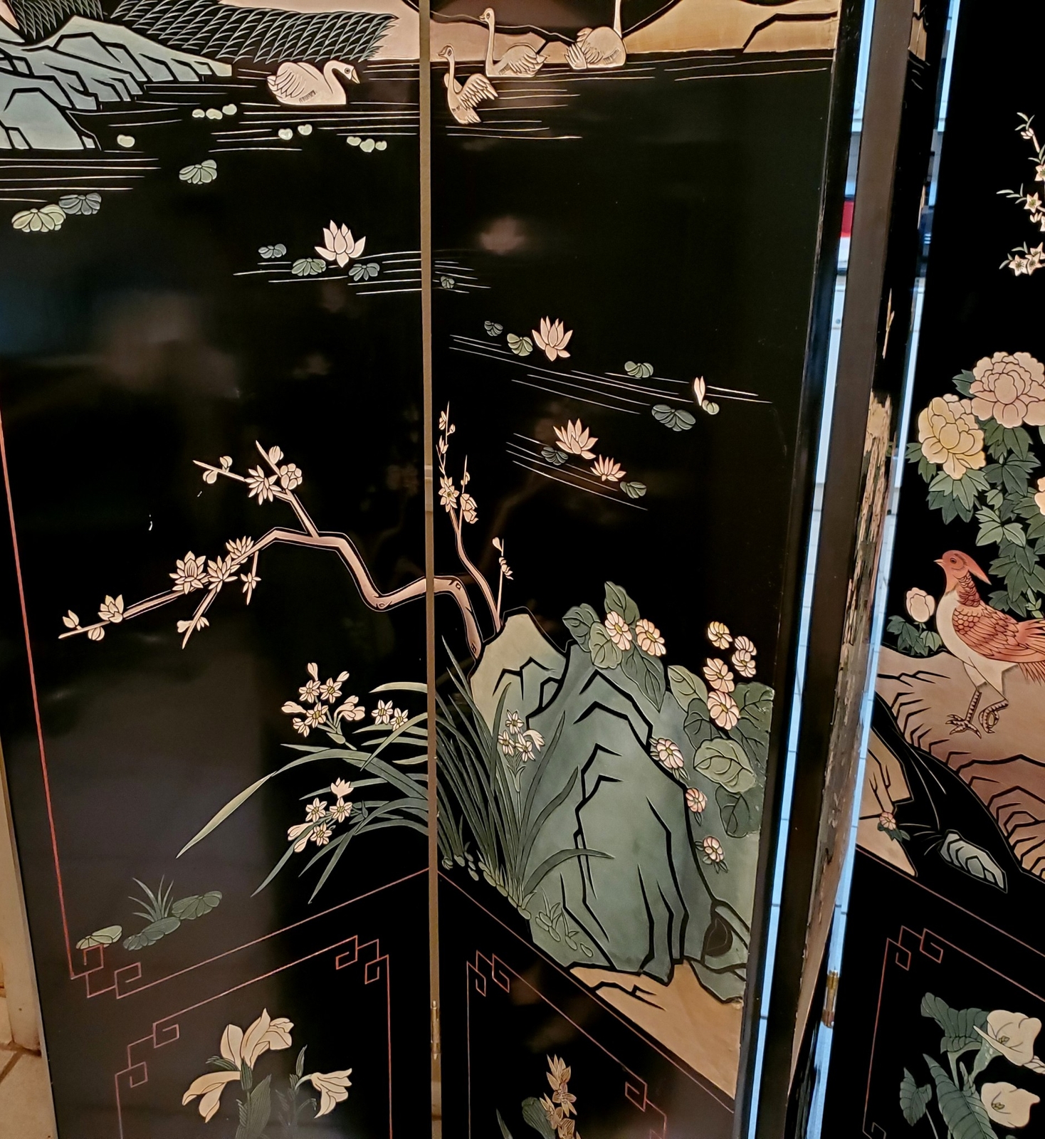 Vintage Wood Folding Room Divider Screen 4 Panel Black Lacquered Chinese Asian Unbranded - фотография #3