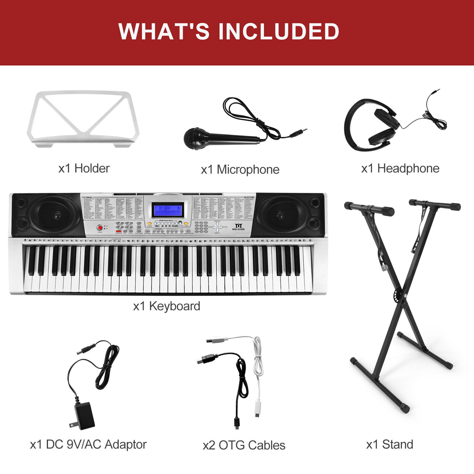61Key Electronic Keyboard Piano Portable Digital Organ Lighted Key USB Headphone Mustar S6010400 - фотография #12