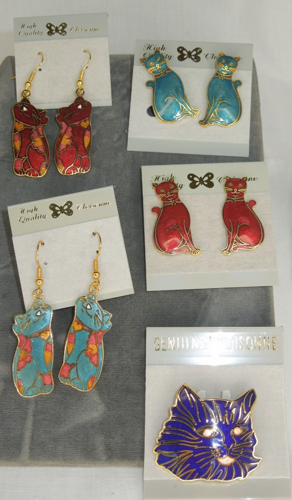 4 pairs of Enamel Cloisonne Cat Pierced & Clip dangle and post Earrings +Pin *M Без бренда - фотография #2