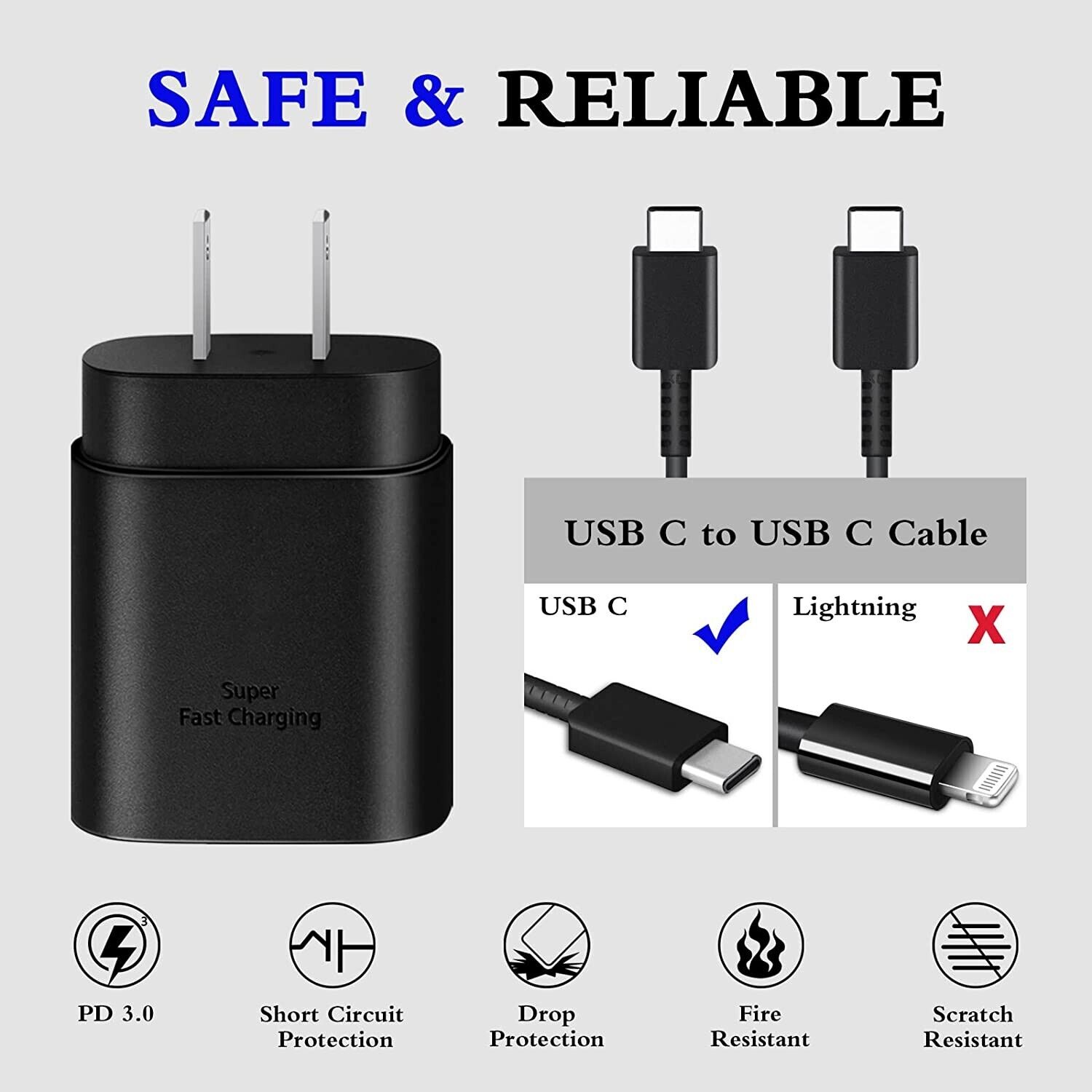 2x GENUINE 25 Watt SUPER Fast Wall Charger & USB-C Cable For Samsung S23 S22 S21 TCoology Quick Charge Rapid Charging, Galaxy S21 S21+ Ultra Plus 5G FE, Galaxy Note 10 10+ Ultra Plus 5G, Galaxy Note 20 20+ Ultra Plus 5G, Galaxy S20 S20+ Ultra 5G Ultra, LG V30 40 50 60 Stylo 4 5 6, Power Delivery PD, Galaxy A20 A21 A22 A50 A51 A52, LG V30 V40 V50 V60 Stylo 4 5 6, Galaxy Tab S3 S4 S5 S6 S7 Pro, Extra Long Charger Cord Wire Plug, Galaxy A70 A71 A32 S10 S10+ Plus, Galaxy S10e/S9/S9+/S8/S8+ Plus, 2020 2018 iPad Pro 11/12.9, Motorola Moto Edge Plus One Zoom, Moto G 5G Plus Hyper One Vision G8 G9, Galaxy A90 A91 A92 A72 S8 S9 Plus, Galaxy Note 8 9 Tab S8 Pro - фотография #5
