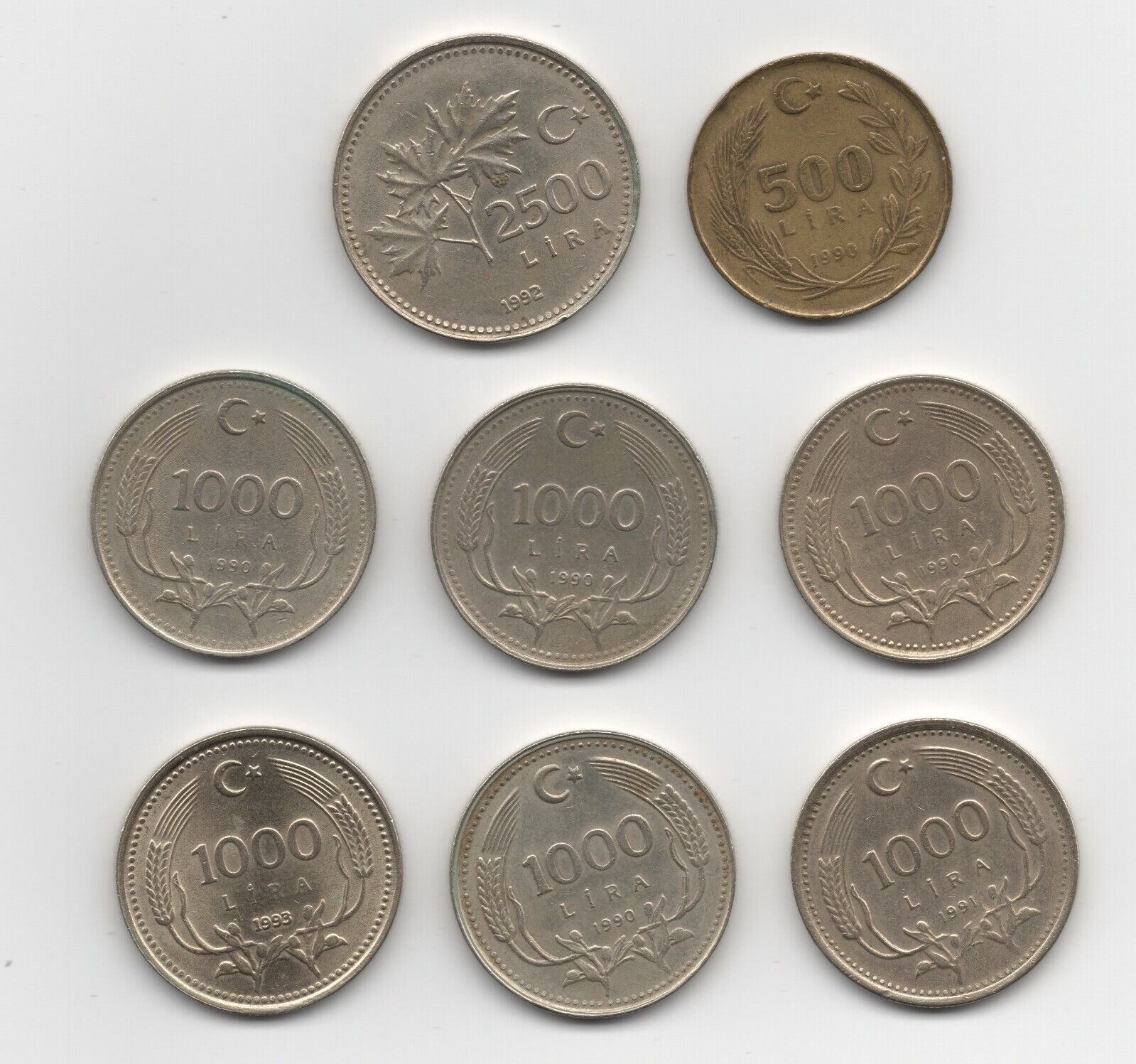 1990s Turkey 8 Coin Lot: 500 Lira, 1000 Lira, 2500 Lira Без бренда - фотография #2