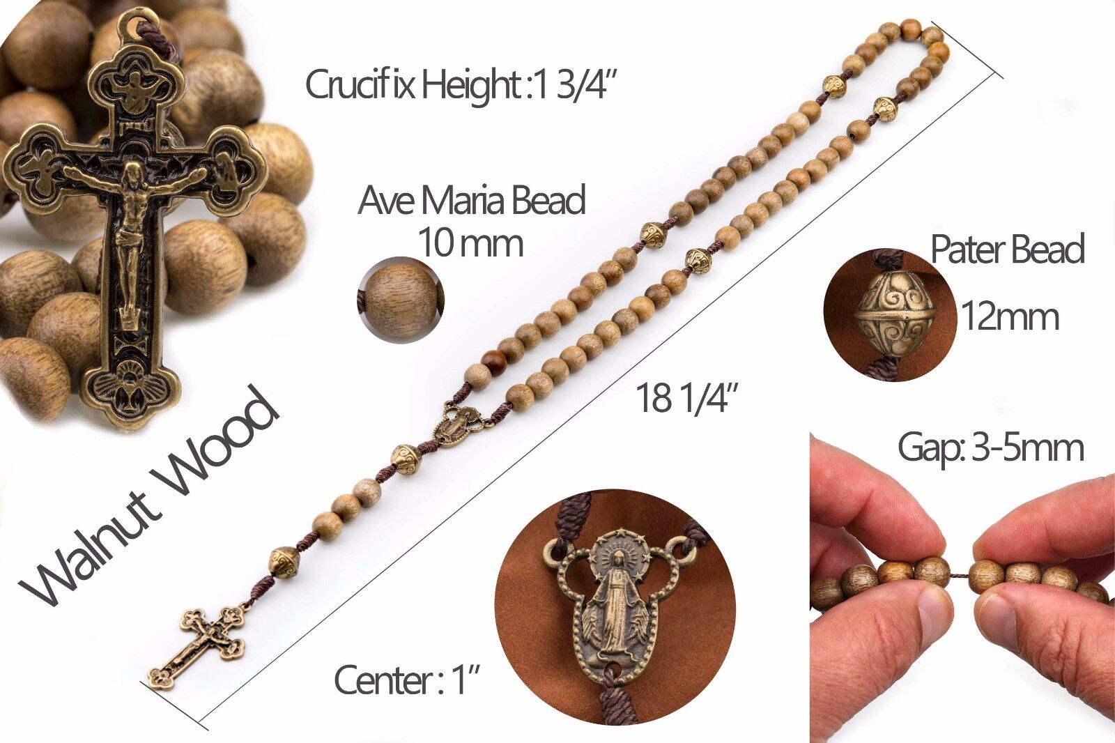 Catholic Rosary Beads Wood Strong Cord Miraculous Center Men Women Brown Iconeum - фотография #2