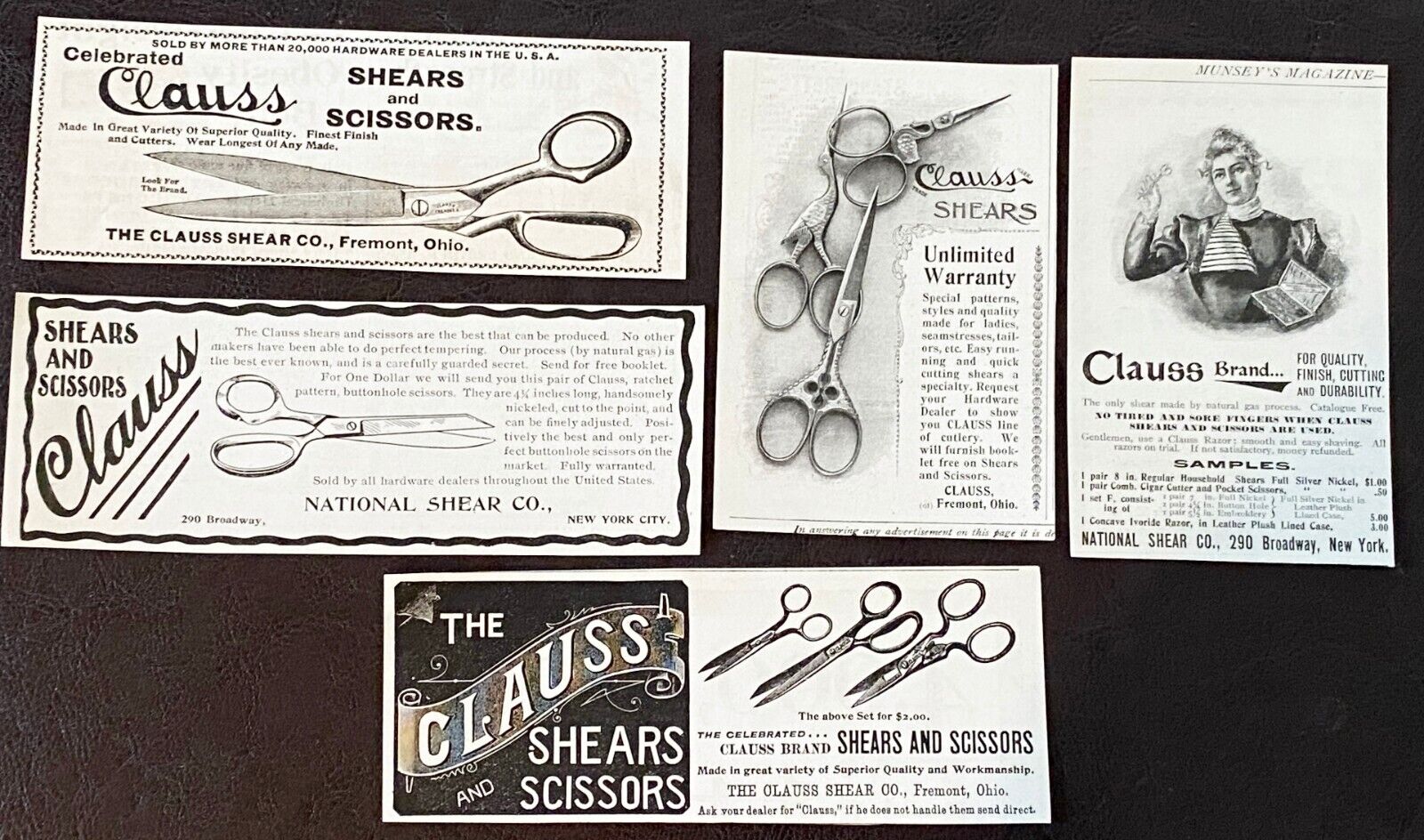 Antique 1890s CLAUSS SHEARS Vtg Sewing/Tailor Scissors Print Ad Lot~Fremont,Ohio Без бренда