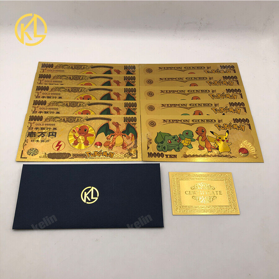 10pcs Japanese Pokemon Dinosaur cards Charmander 10000 Yen Gold Banknote Без бренда