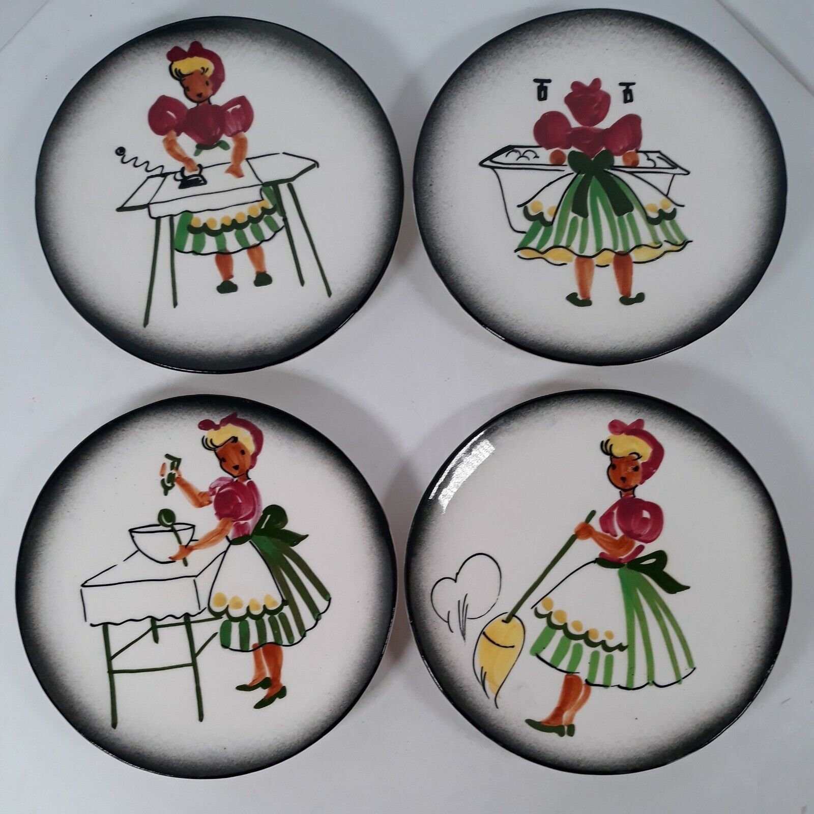 Vintage 1950s Set 4 Florencita California Ceramic Plates Woman Domestic Chores Без бренда