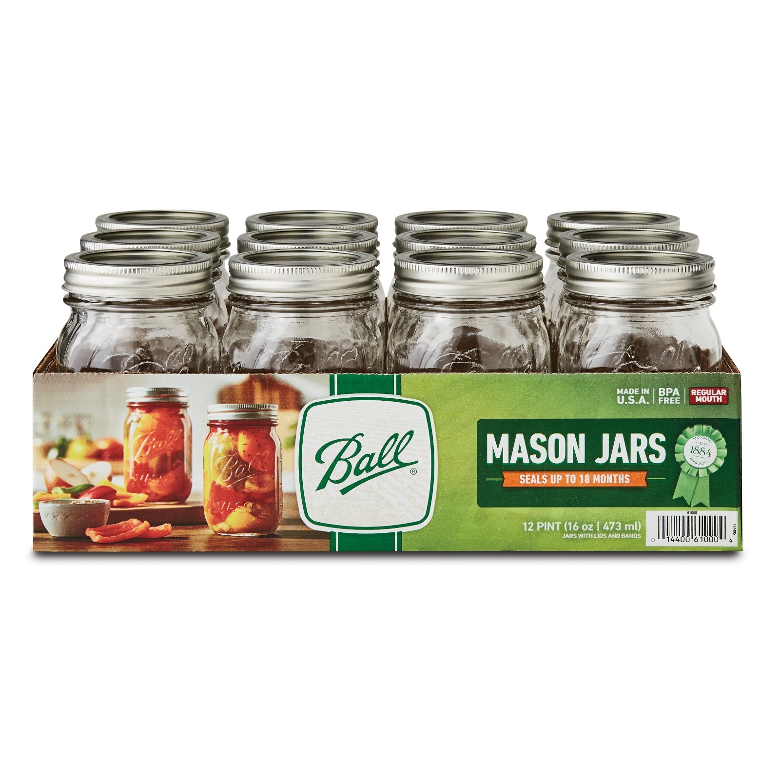 Regular Mouth 16oz Pint Mason Jars with Lids & Bands, 12 Count BALL 67000 - фотография #3
