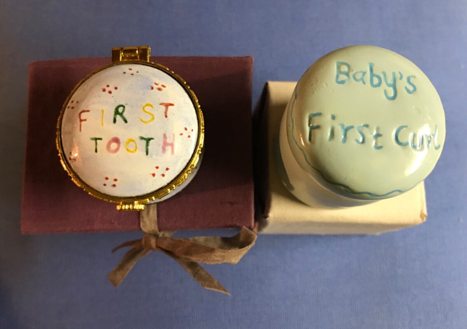 lot 2 NEW~baby’s 1st Curl & First Tooth keepsakes~1 blue ceramic & 1 enamel~boy Unbranded