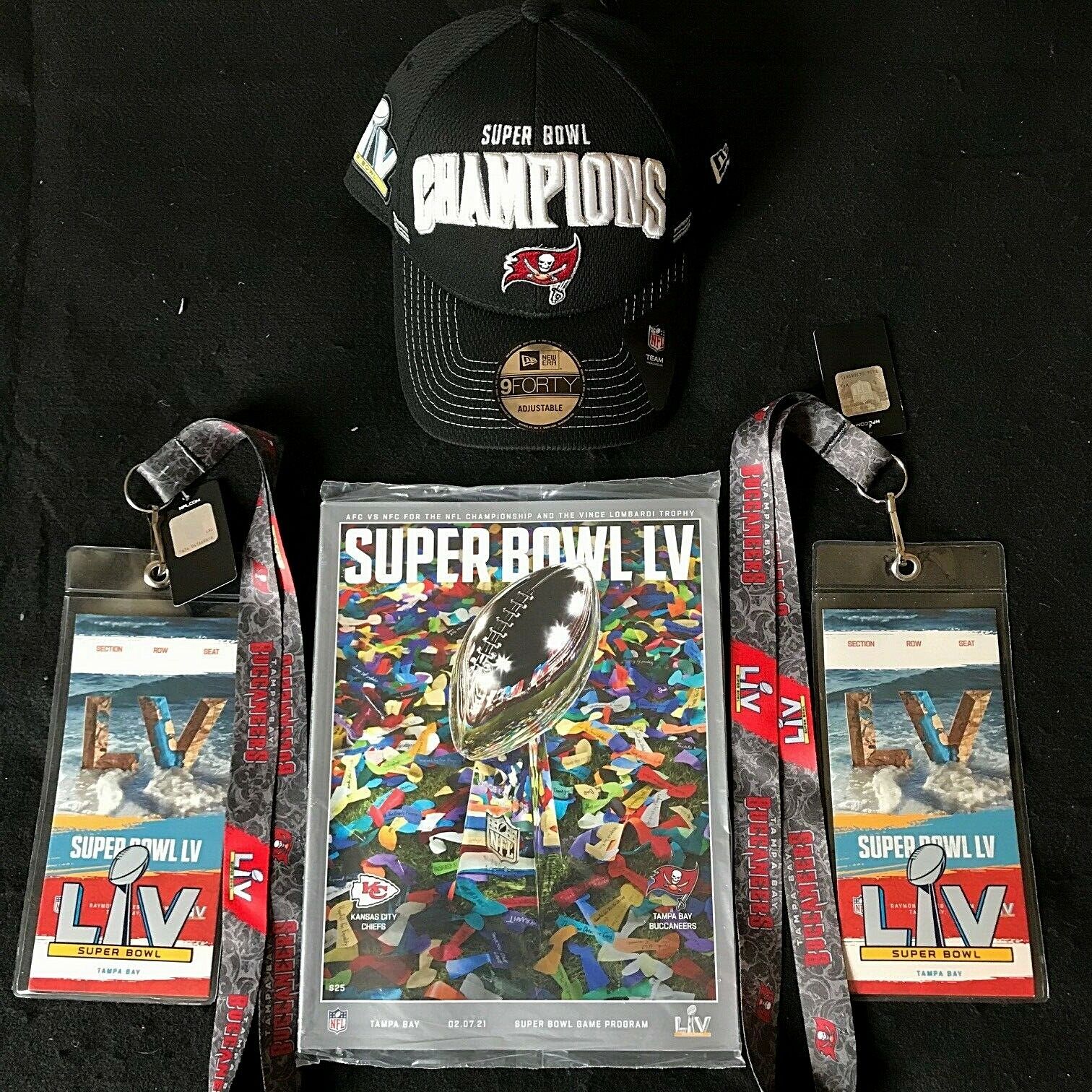 4pc. NFL SB 55 LV Tampa Bay Buccaneers Championship Program & Lanyards & Hat   H.O.Zimman Inc.