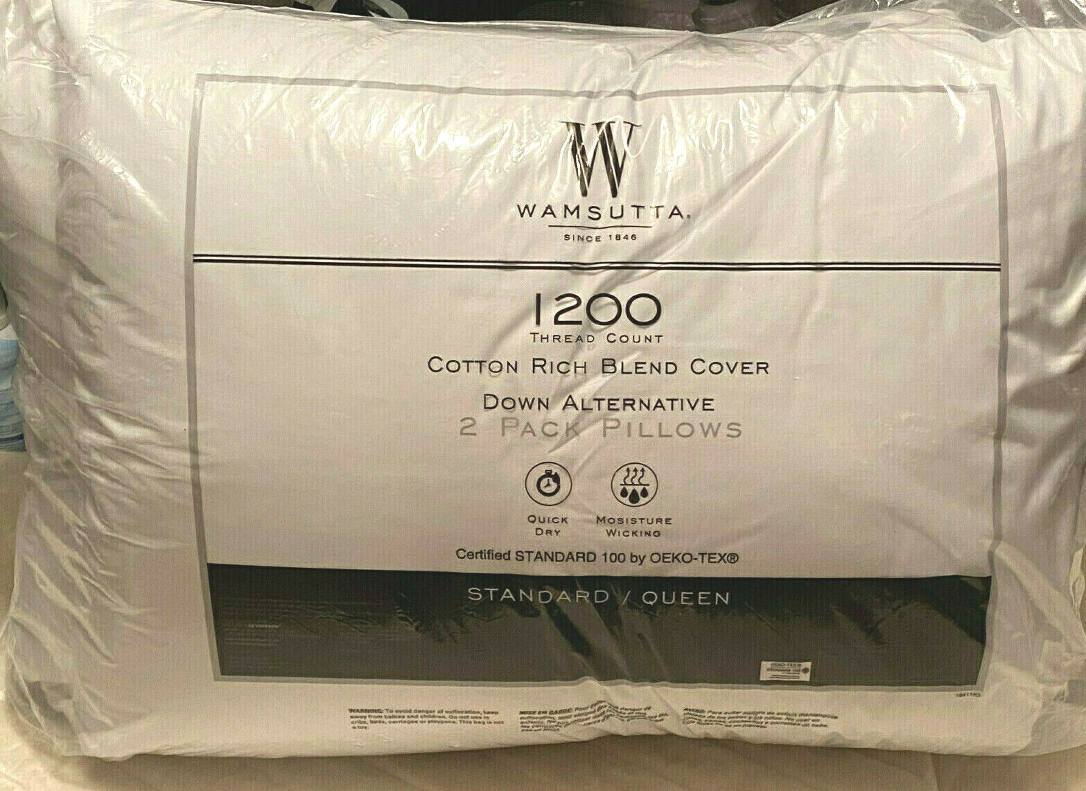 New Luxury Wamsutta 2 Pillows Down Alternative 1200 Thread Count Queen Oeko-Tex Wamsutta
