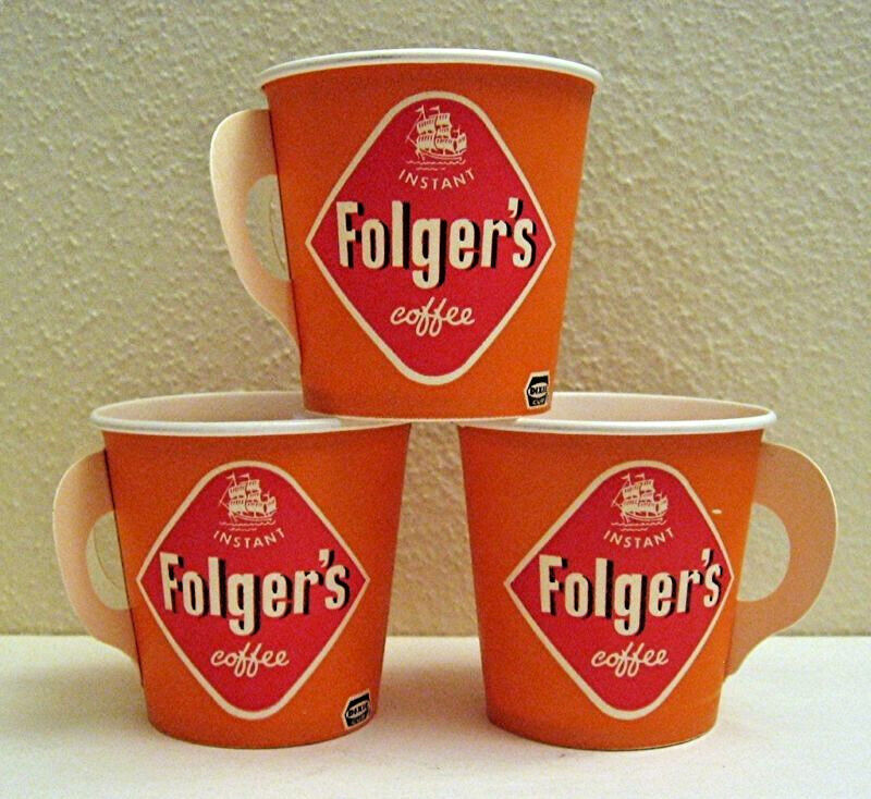 3 Folgers Waxed Sample Instant Coffee Cups Old Stock Folgers