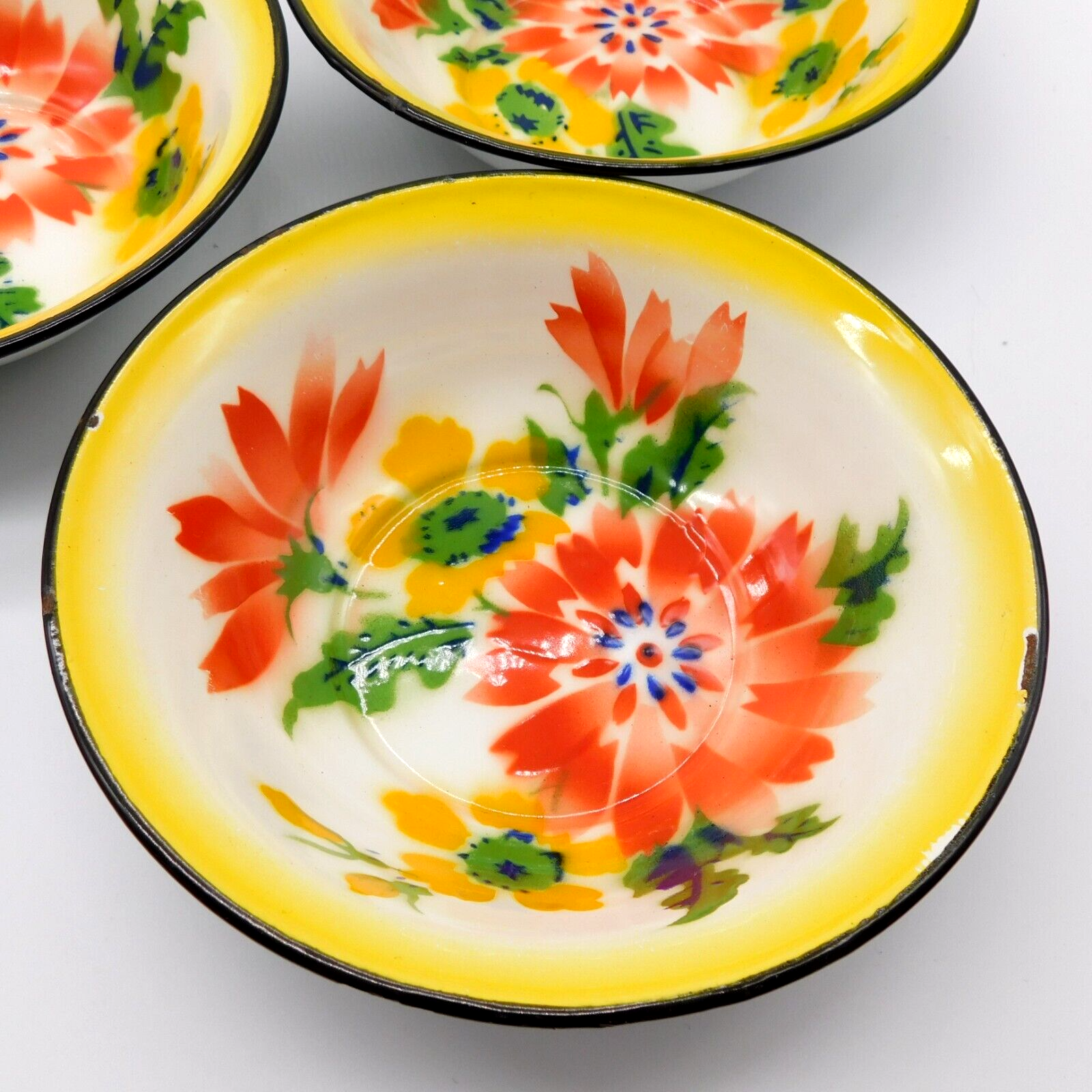 VTG 14 pc Metal Rossini Enamel Ware Floral Set 2 plates 8 bowls 4 cups Hong Kong Rossini - фотография #7