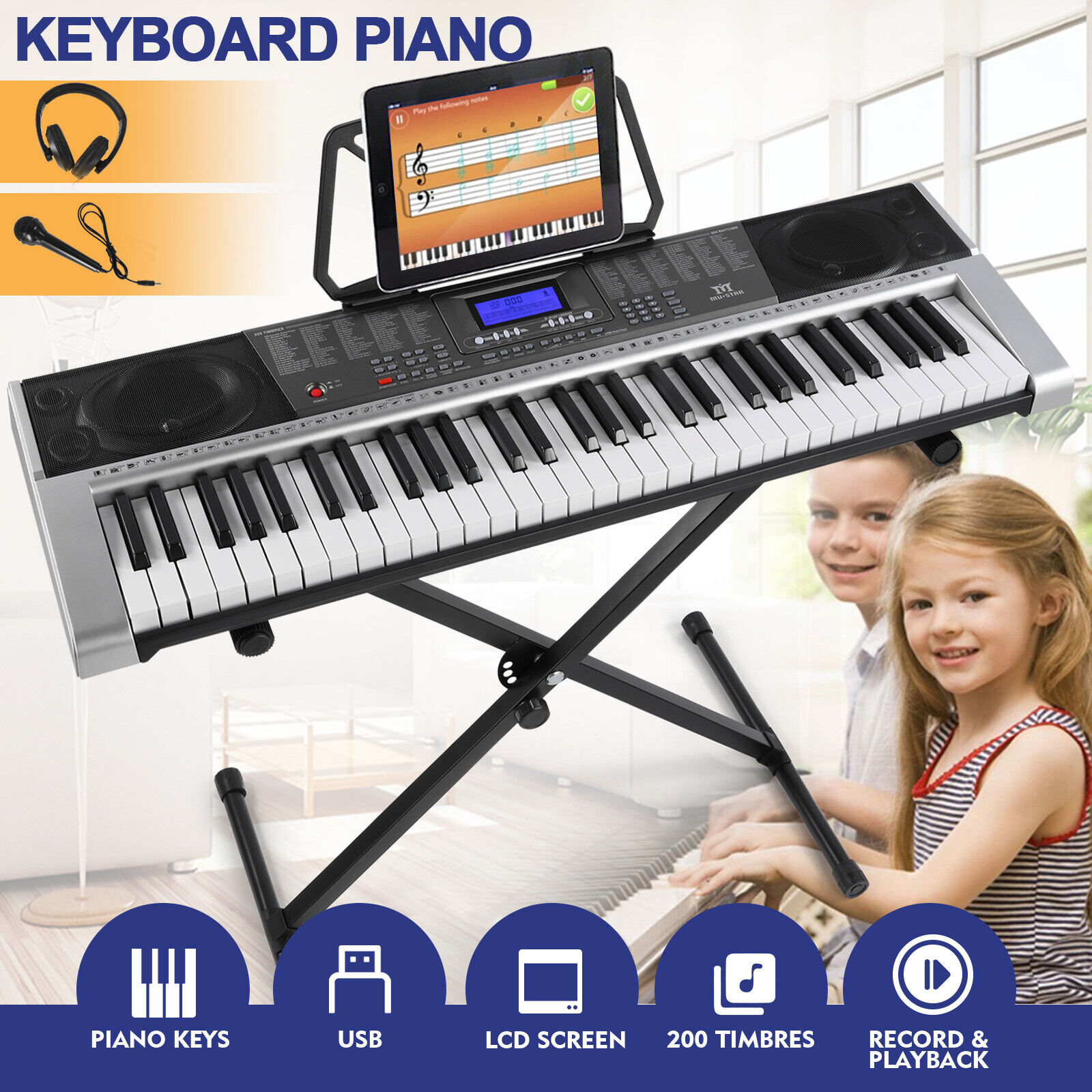 New Portable 61 Key Electronic Keyboards Piano LCD Screen w/Headphone,Microphone Mustar S6010300