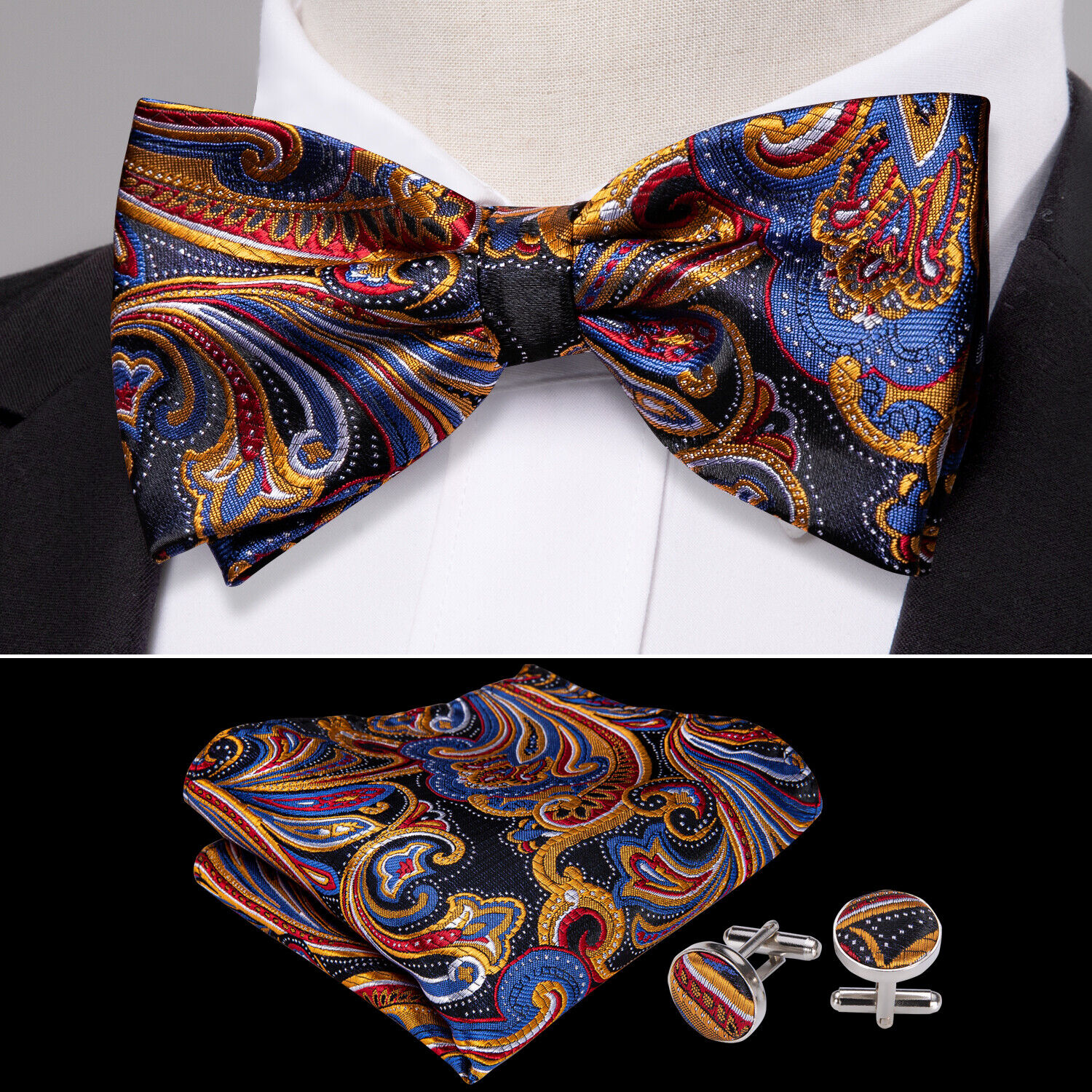 Pre Mens Bowtie Silk Floral Mutilcolors Wedding Bow Tie Handkerchief Cufflinks Barry Wang